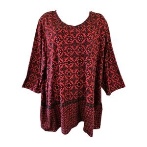 Catherines Blouse Womens Plus 2X Petite Red Black Geometric Beaded 3/4 Sleeve